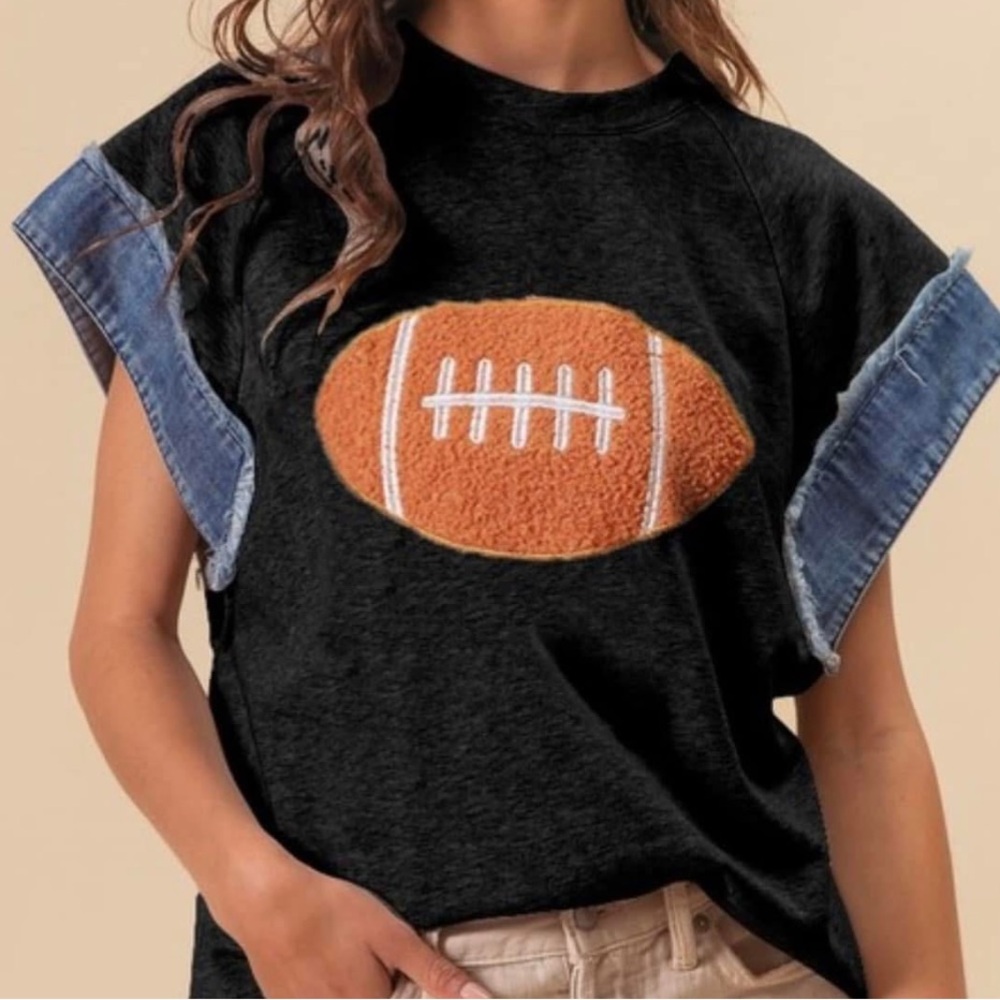 Black T-Shirt with Football Patch and Denim Sleeves